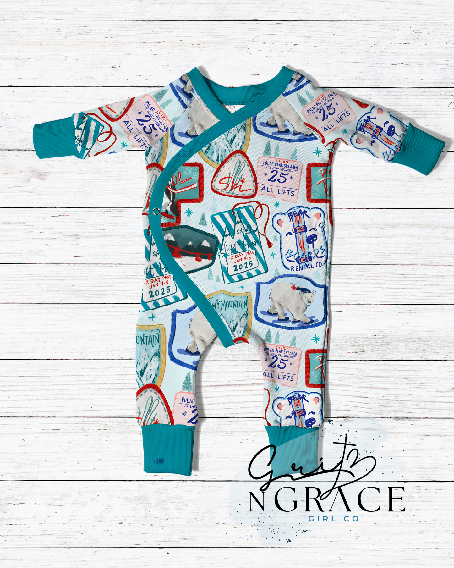 Snow Resort Baby Onesie | Cozy Winter Baby Bodysuit | Handmade Boutique Baby Clothes | NB–9/12m