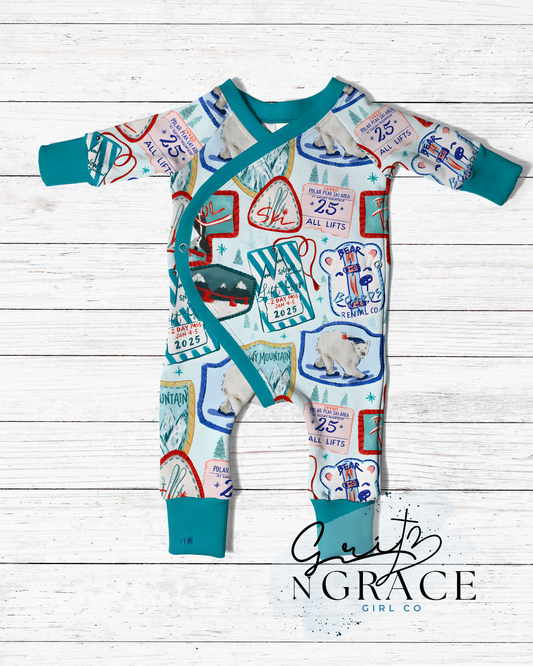 Snow Resort Baby Onesie | Cozy Winter Baby Bodysuit | Handmade Boutique Baby Clothes | NB–9/12m