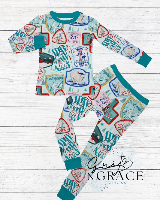 Snow Resort Kids Pajamas | Cozy Winter Pajama Set | Handmade Boutique PJs | Sizes 12m–9/10