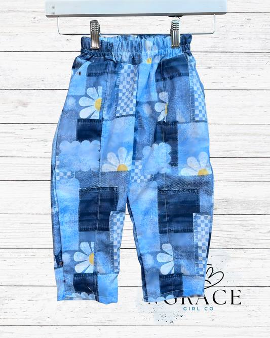 Daisy Denim Patchwork Barrel Pants with Paper Bag Waist