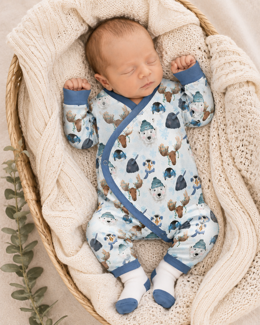 Winter Woodland Animals Baby Onesie | Buttery Soft Stretchy Infant Bodysuit | Moose, Polar Bear & Penguin Print | Newborn–12 Months