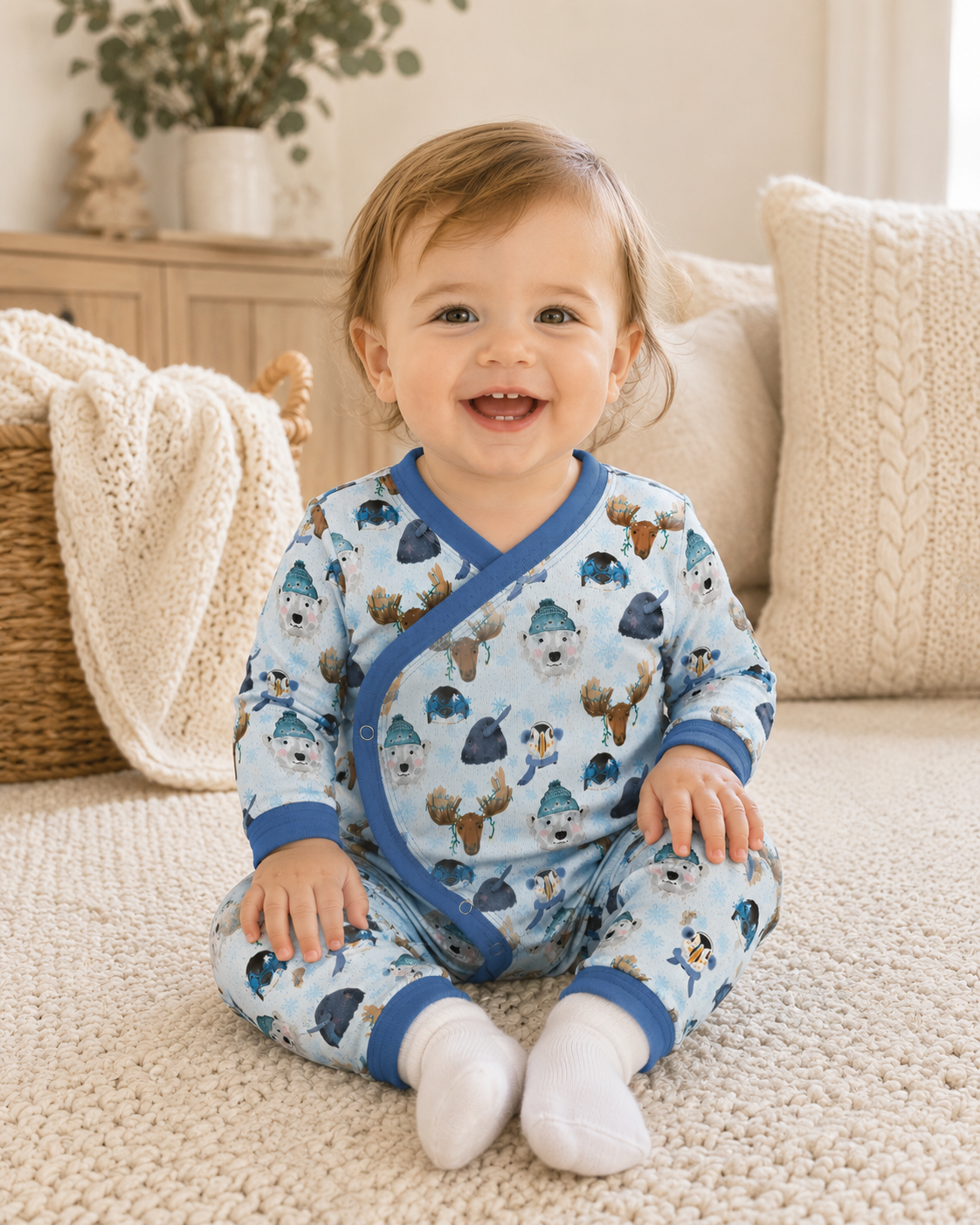 Winter Woodland Animals Baby Onesie | Buttery Soft Stretchy Infant Bodysuit | Moose, Polar Bear & Penguin Print | Newborn–12 Months