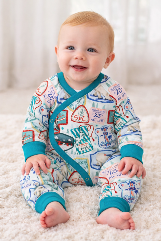 Snow Resort Baby Onesie | Cozy Winter Baby Bodysuit | Handmade Boutique Baby Clothes | NB–9/12m