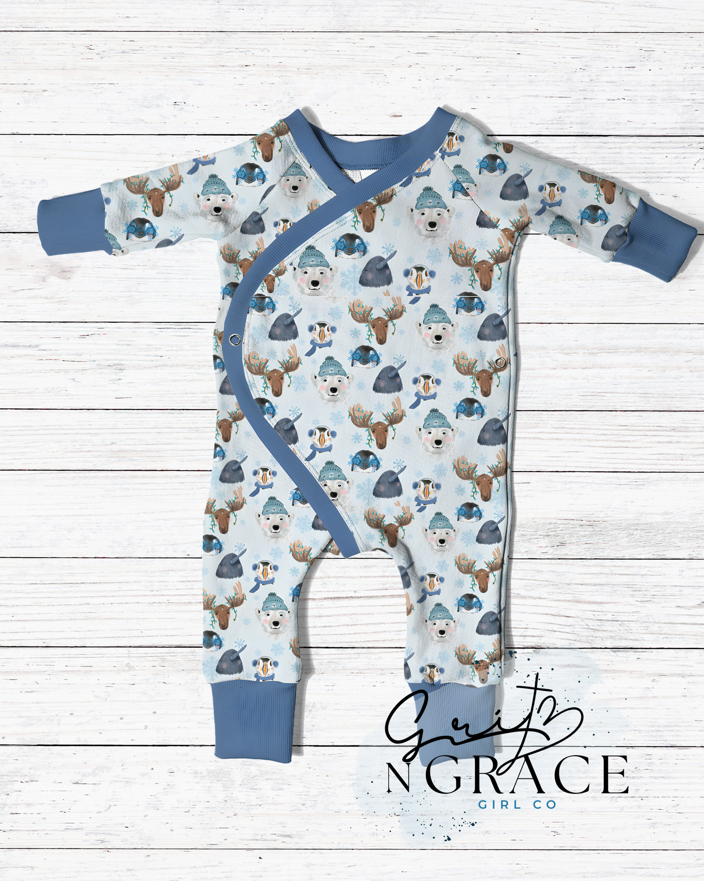 Winter Woodland Animals Baby Onesie | Buttery Soft Stretchy Infant Bodysuit | Moose, Polar Bear & Penguin Print | Newborn–12 Months