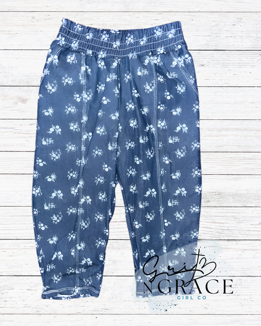 Denim Floral Barrel Pant with Paper Bag Waistband