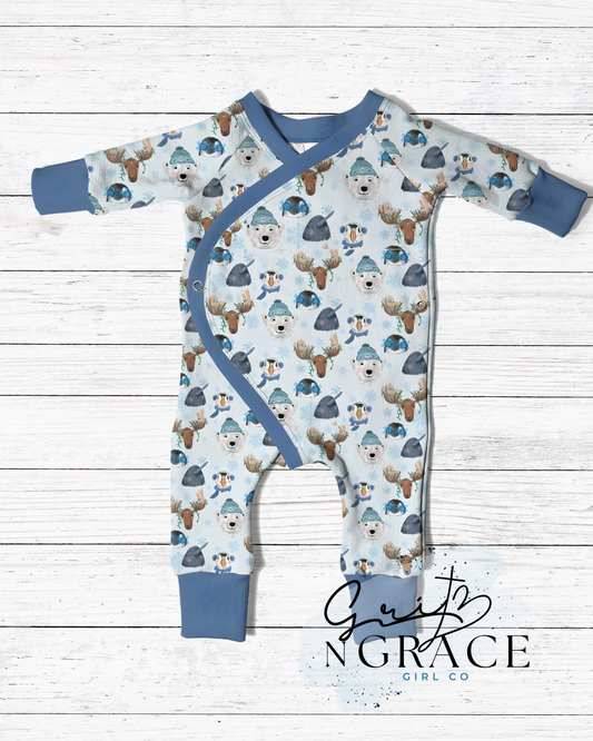 Winter Woodland Animals Baby Onesie | Buttery Soft Stretchy Infant Bodysuit | Moose, Polar Bear & Penguin Print | Newborn–12 Months